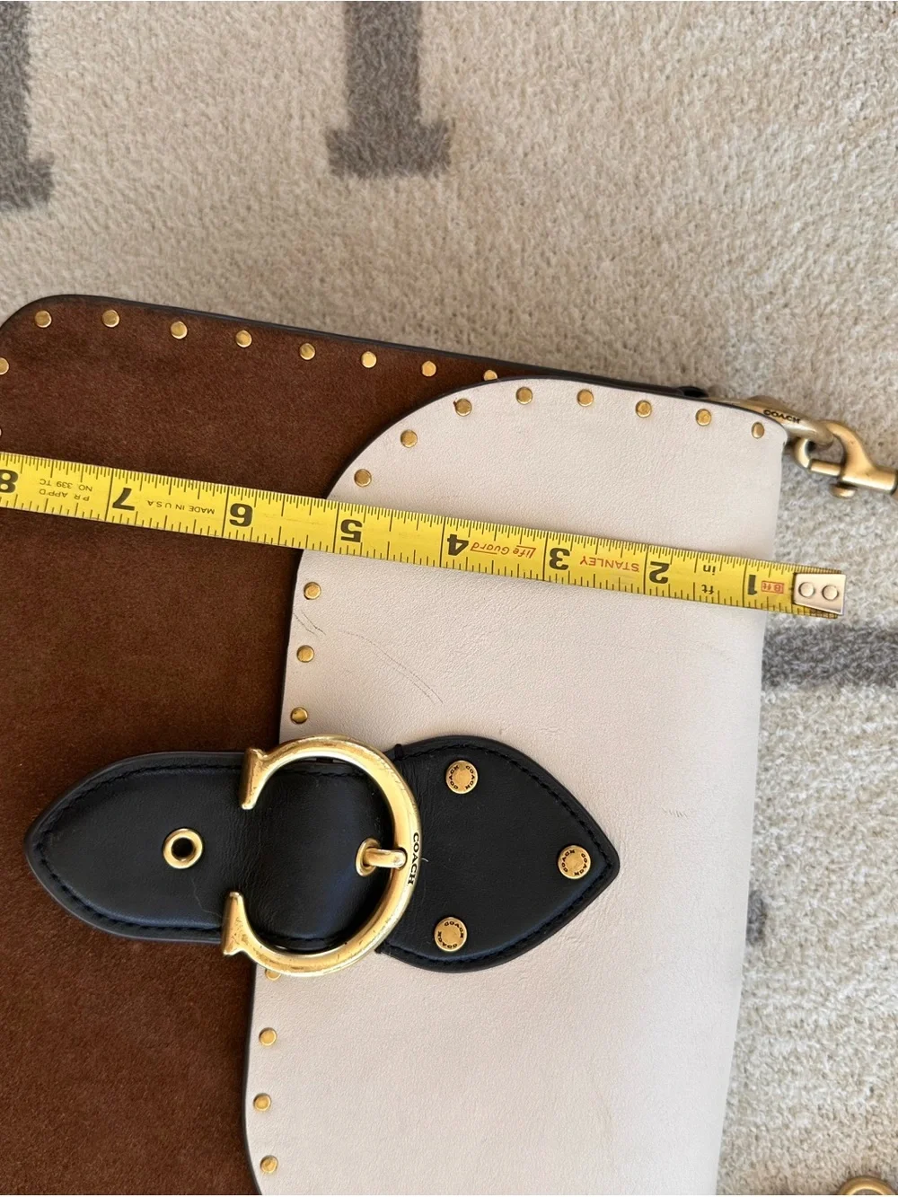 Coach Colorblock Leather Shoulder Bag in White, Brown and Black with Gold Chain